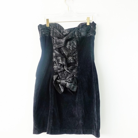 70s Vintage Zum Zum Dress XS Black Bow Strapless Cocktail Coquette Y2K Union USA